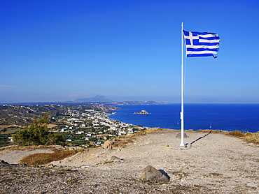 Greek Flag at the Castle of Kefalos, Kos Island, Dodecanese, Greek Islands, Greece, Europe