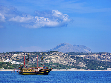 Vintage stylized tourist ship by the Paradise Beach, Kos Island, Dodecanese, Greek Islands, Greece, Europe