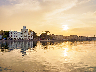 Nerantzia Castle and Palazzo del Governo at sunset, Kos Town, Kos Island, Dodecanese, Greek Islands, Greece, Europe