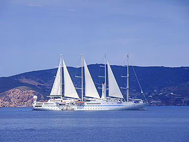 Wind Star four-masted motor sailing Yacht off the coast of Patmos Island, Dodecanese, Greek Islands, Greece, Europe