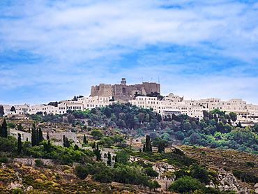 View towards the Monastery of Saint-John the Theologian, Patmos Chora, UNESCO World Heritage Site, Patmos Island, Dodecanese, Greek Islands, Greece, Europe