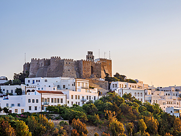 Monastery of Saint-John the Theologian at sunset, Patmos Chora, UNESCO World Heritage Site, Patmos Island, Dodecanese, Greek Islands, Greece, Europe