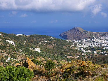 View towards the Cave of the Apocalypse Church, Patmos Island, Dodecanese, Greek Islands, Greece, Europe