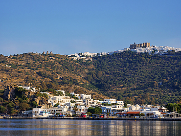 View over Skala towards the Monastery of Saint-John the Theologian and Patmos Chora, Patmos Island, Dodecanese, Greek Islands, Greece, Europe