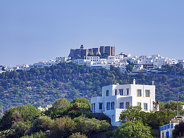 View towards the Monastery of Saint-John the Theologian, Patmos Chora, UNESCO World Heritage Site, Patmos Island, Dodecanese, Greek Islands, Greece, Europe