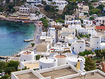 Windmills and Pandeli Beach, elevated view, Leros Island, Dodecanese, Greek Islands, Greece, Europe