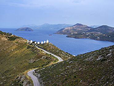 Windmills of Pandeli, elevated view, Leros Island, Dodecanese, Greek Islands, Greece, Europe