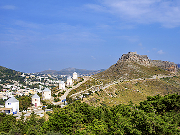 Medieval Castle and Windmills of Pandeli, Leros Island, Dodecanese, Greek Islands, Greece, Europe