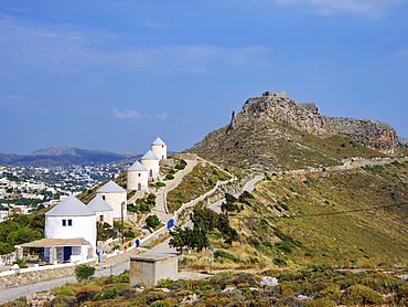 Medieval Castle and Windmills of Pandeli, Leros Island, Dodecanese, Greek Islands, Greece, Europe