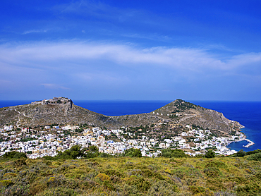 Platanos and Medieval Castle of Pandeli, elevated view, Agia Marina, Leros Island, Dodecanese, Greek Islands, Greece, Europe