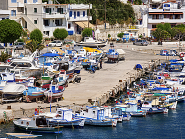 Fishing Boats at the Port in Fournoi, elevated view, Fournoi Island, North Aegean, Greek Islands, Greece, Europe