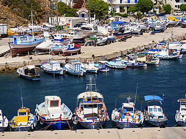 Fishing Boats at the Port in Fournoi, elevated view, Fournoi Island, North Aegean, Greek Islands, Greece, Europe