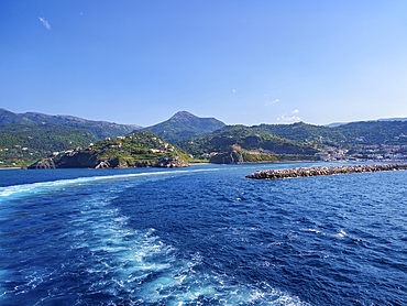 Ferry leaving the port of Evdilos, Icaria Island, North Aegean, Greek Islands, Greece, Europe