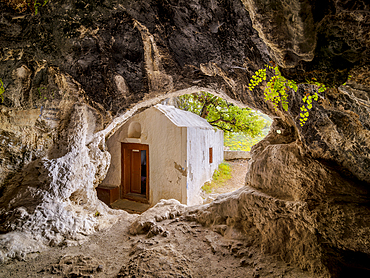 Chapel of Panagia Sarantaskaliotissa at the entrance to The Cave of Pythagoras, Mount Kerkis, Samos Island, North Aegean, Greek Islands, Greece, Europe