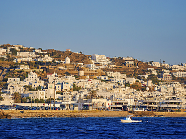 View towards Chora, Mykonos Town, Mykonos Island, Cyclades, Greek Islands, Greece, Europe