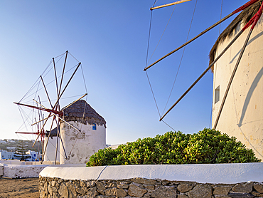 Chora Windmills at sunrise, Mykonos Town, Mykonos Island, Cyclades, Greek Islands, Greece, Europe