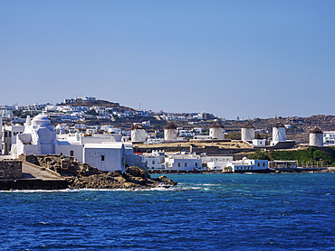 View towards the Church of Panagia Paraportiani and Chora Windmills, Mykonos Town, Mykonos Island, Cyclades, Greek Islands, Greece, Europe