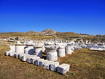 View towards the Mount Kynthos, Delos Archaeological Site, UNESCO World Heritage Site, Delos Island, Cyclades, Greek Islands, Greece, Europe