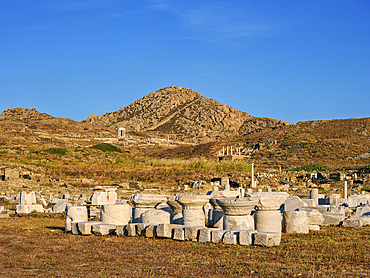 View towards the Mount Kynthos at sunset, Delos Archaeological Site, UNESCO World Heritage Site, Delos Island, Cyclades, Greek Islands, Greece, Europe