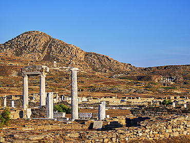 View towards the Mount Kynthos at sunset, Delos Archaeological Site, UNESCO World Heritage Site, Delos Island, Cyclades, Greek Islands, Greece, Europe