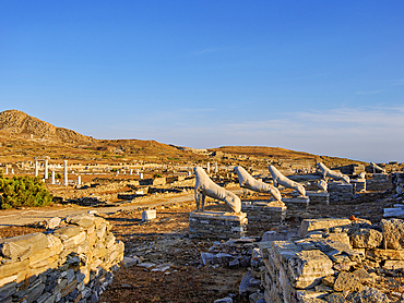 The Terrace of the Lions at sunset, Delos Archaeological Site, UNESCO World Heritage Site, Delos Island, Cyclades, Greek Islands, Greece, Europe