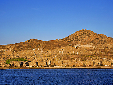 Waterfront of Delos Archaeological Site at sunset, UNESCO World Heritage Site, Delos Island, Cyclades, Greek Islands, Greece, Europe