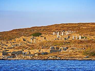 Waterfront of Delos Archaeological Site at sunset, UNESCO World Heritage Site, Delos Island, Cyclades, Greek Islands, Greece, Europe