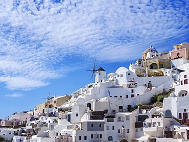 View towards the windmills, Oia Village, Santorini (Thira) Island, Cyclades, Greek Islands, Greece, Europe