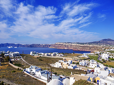 View towards caldera from the Venetian Castle, Akrotiri Village, Santorini (Thira) Island, Cyclades, Greek Islands, Greece, Europe