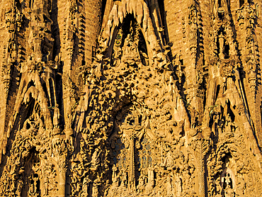 Basilica of Sagrada Familia at sunrise, detailed view, UNESCO World Heritage Site, Barcelona, Catalonia, Spain, Europe