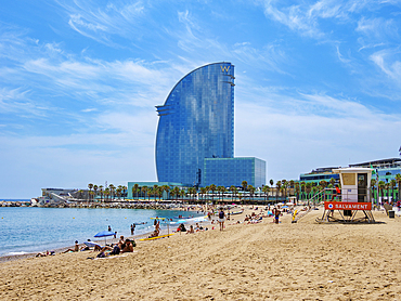 View towards the W Hotel, La Barceloneta Beach, Barcelona, Catalonia, Spain, Europe