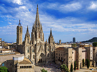 Metropolitan Cathedral Basilica of the Holy Cross and Saint Eulalia, elevated view, Gothic Quarter, Barcelona, Catalonia, Spain