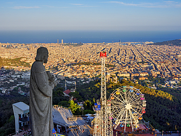 Tibidabo Amusement Park at sunset, elevated view, Mount Tibidabo, Barcelona, Catalonia, Spain, Europe