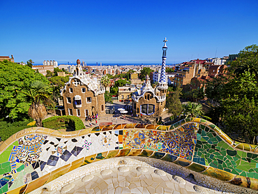 Mosaic Serpentine Bench at the Main Terrace, Park Guell, UNESCO World Heritage Site, Barcelona, Catalonia, Spain, Europe