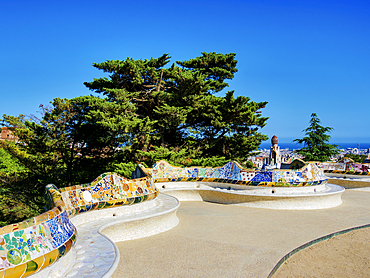 Mosaic Serpentine Bench at the Main Terrace, Park Guell, Barcelona, Catalonia, Spain