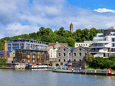 View over Floating Harbour towards the Cabot Tower and Brandon Hill Park, Bristol, England, United Kingdom, Europe