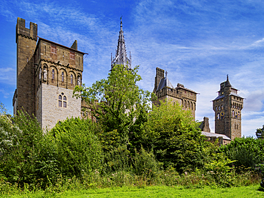 Cardiff Castle seen from Bute Park, Cardiff, Wales, United Kingdom, Europe