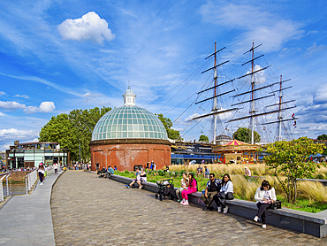 Greenwich Foot Tunnel south entrance and Cutty Sark British Clipper Ship, Greenwich, London, England, United Kingdom