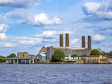 View over River Thames towards Greenwich Power Station, London, England, United Kingdom