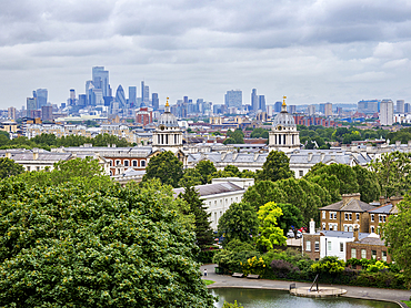 View over Greenwich Park towards Old Royal Naval College, UNESCO World Heritage Site, and Canary Wharf, Greenwich, London, England, United Kingdom, Europe