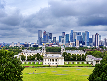 View over Greenwich Park towards Queen's House, Old Royal Naval College, UNESCO World Heritage Site, and Canary Wharf, Greenwich, London, England, United Kingdom, Europe