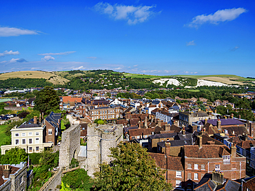 Castle Gate and town, elevated view, Lewes, East Sussex, England, United Kingdom, Europe