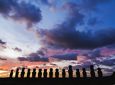 Moais in Ahu Tongariki at sunrise, Rapa Nui National Park, UNESCO World Heritage Site, Easter Island, Chile, South America