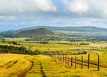 Landscape of the island seen from the way up to the Maunga Terevaka, Easter Island, Chile, South America