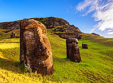 Moais at the quarry on the slope of the Rano Raraku Volcano, Rapa Nui National Park, UNESCO World Heritage Site, Easter Island, Chile, South America