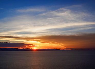 Lake Titicaca seen from the Mount Calvario in Copacabana, sunset, La Paz Department, Bolivia, South America