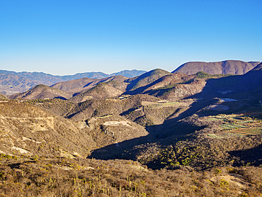 Landscape seen from Hierve el Agua at sunset, San Lorenzo Albarradas, Oaxaca State, Mexico