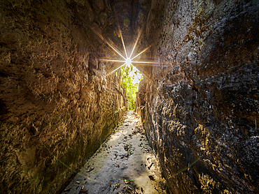 Corbelled arch passageway at sunset, Cahal Pech Archaeological Reserve, San Ignacio, Cayo District, Belize