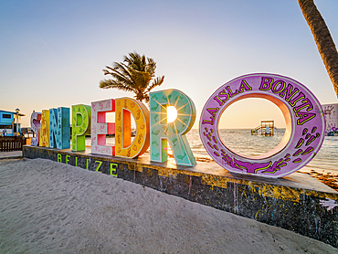 San Pedro Sign at sunrise, Central Park, San Pedro Town, Ambergris Caye, Belize District, Belize