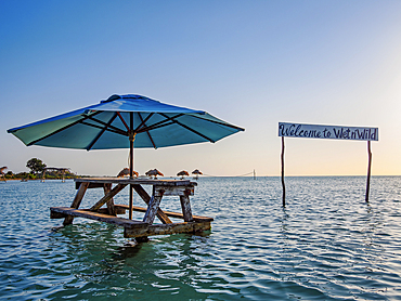 Tables in the water at Blue Bayou Restaurant, Secret Beach, Ambergris Caye, Belize District, Belize